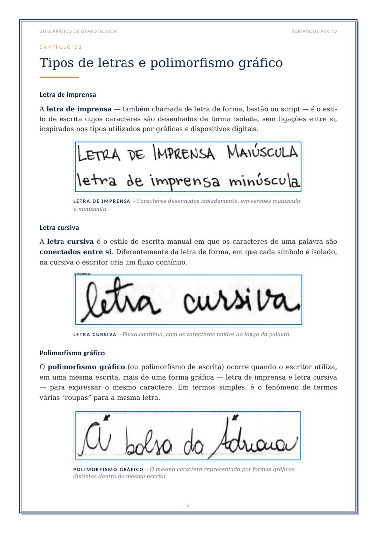 Página interna do guia com exemplos de letra cursiva e polimorfismo gráfico